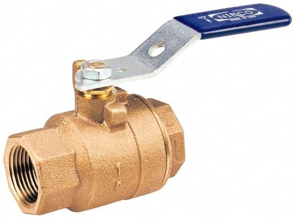 NIBCO - 1-1/4" Pipe, Standard Port, Bronze Standard Ball Valve - 2 Piece, Inline - One Way Flow, FNPT x FNPT Ends, Lever with Memory Stop Handle, 600 WOG, 150 WSP - Americas Industrial Supply