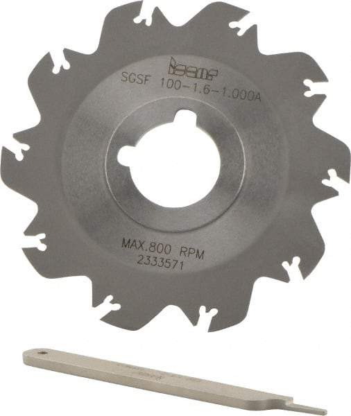 Iscar - Arbor Hole Connection, 0.049" Cutting Width, 1.18" Depth of Cut, 3.94" Cutter Diam, 1" Hole Diam, 10 Tooth Indexable Slotting Cutter - SGSF Toolholder, GSFN, GSFU Insert - Americas Industrial Supply