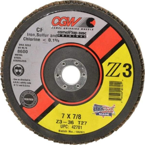 Camel Grinding Wheels - 36 Grit, 7" Disc Diam, 7/8" Center Hole, Type 27 Zirconia Alumina Flap Disc - 8,600 Max RPM, Poly Cotton Backing, Arbor Attaching System, Coated - Americas Industrial Supply
