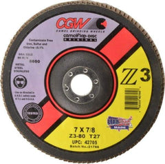 Camel Grinding Wheels - 80 Grit, 7" Disc Diam, 7/8" Center Hole, Type 27 Zirconia Alumina Flap Disc - 8,600 Max RPM, Poly Cotton Backing, Arbor Attaching System, Coated - Americas Industrial Supply