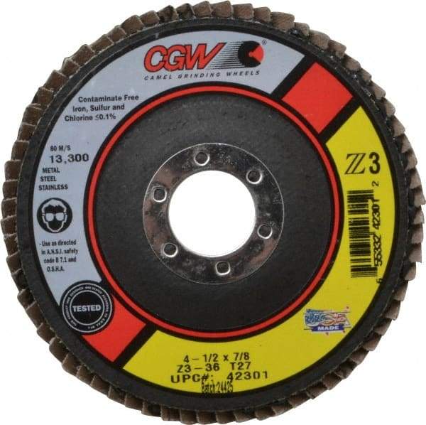 Camel Grinding Wheels - 36 Grit, 4-1/2" Disc Diam, 7/8" Center Hole, Type 27 Zirconia Alumina Flap Disc - 13,300 Max RPM, Poly Cotton Backing, Arbor Attaching System, Coated - Americas Industrial Supply