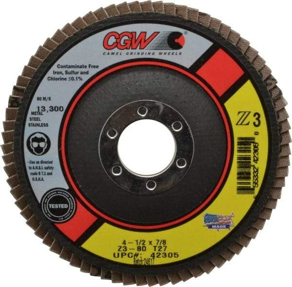 Camel Grinding Wheels - 80 Grit, 4-1/2" Disc Diam, 7/8" Center Hole, Type 27 Zirconia Alumina Flap Disc - 13,300 Max RPM, Poly Cotton Backing, Arbor Attaching System, Coated - Americas Industrial Supply