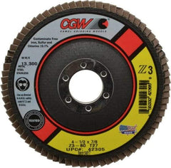 Camel Grinding Wheels - 80 Grit, 4-1/2" Disc Diam, 7/8" Center Hole, Type 27 Zirconia Alumina Flap Disc - 13,300 Max RPM, Poly Cotton Backing, Arbor Attaching System, Coated - Americas Industrial Supply