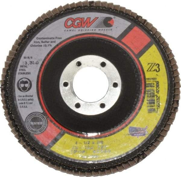 Camel Grinding Wheels - 120 Grit, 4-1/2" Disc Diam, 7/8" Center Hole, Type 27 Zirconia Alumina Flap Disc - 13,300 Max RPM, Poly Cotton Backing, Arbor Attaching System, Coated - Americas Industrial Supply