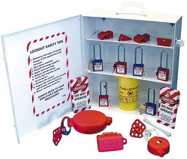 NMC - 18 Piece, Equipped Steel Lockout Cabinet - 15 Inch Wide x 16 Inch High x 5-1/2 Inch Deep, White, Covered - Americas Industrial Supply
