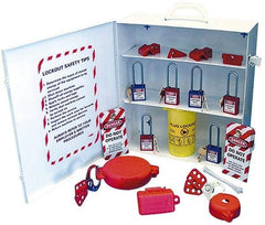 NMC - 18 Piece, Equipped Steel Lockout Cabinet - 15 Inch Wide x 16 Inch High x 5-1/2 Inch Deep, White, Covered - Americas Industrial Supply