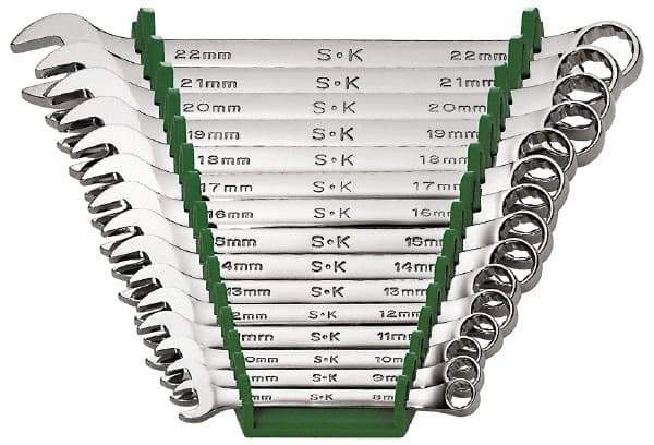 SK - 15 Piece, 1/4 to 1", Combination Wrench Set - Inch System of Measurement, Chrome Finish, Comes in Rack - Americas Industrial Supply