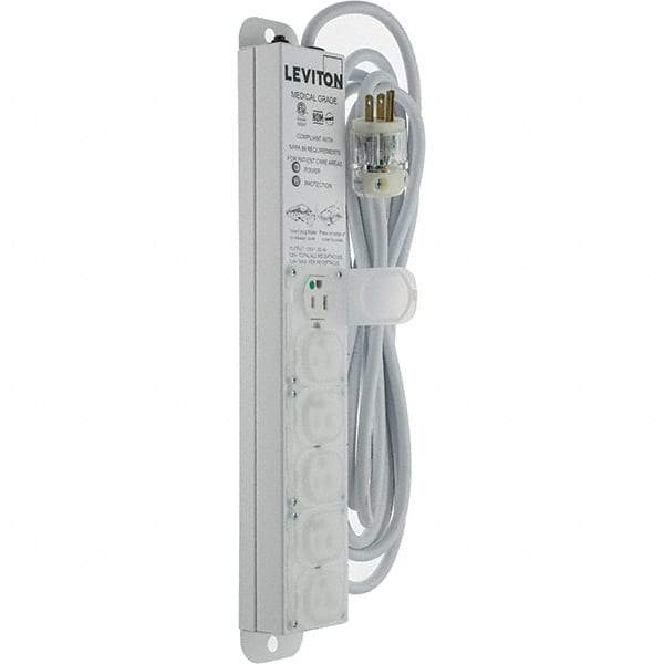 Leviton - 6 Outlets, 125 VAC15 Amps, 15' Cord, Surge Power Outlet Strip - Wall/Surface Mount, 5-20 NEMA Configuration, 1-1/4' Strip, UL 60601-1 - Americas Industrial Supply