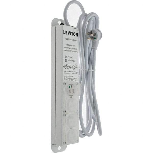 Leviton - 4 Outlets, 125 VAC15 Amps, 15' Cord, Surge Power Outlet Strip - Wall/Surface Mount, 5-20 NEMA Configuration, 1' Strip, UL 60601-1 - Americas Industrial Supply