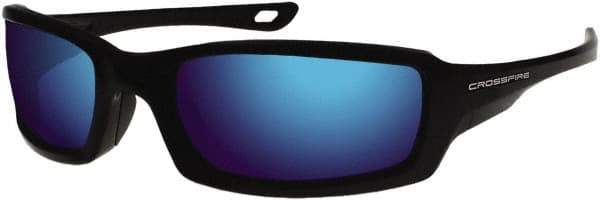 CrossFire - Blue Mirror Lenses, Framed Safety Glasses - Scratch Resistant, Metallic Blue Frame, Size Universal, Wrap Around - Americas Industrial Supply