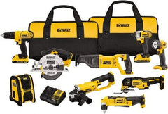 DeWALT - 20 Volt Cordless Tool Combination Kit - Includes 1/2" Compact Drill/Driver, 1/4" Impact Driver, Cut-off Tool/Grinder, Reciprocating Saw, 6-1/2 Circular Saw, LED Worklight & Bluetooth Speaker, Lithium-Ion Battery Included - Americas Industrial Supply