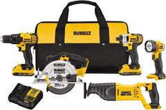 DeWALT - 20 Volt Cordless Tool Combination Kit - Includes 1/2" Compact Drill/Driver, 1/4" Impact Driver, Reciprocating Saw, 6-1/2 Circular Saw & LED Worklight, Lithium-Ion Battery Included - Americas Industrial Supply