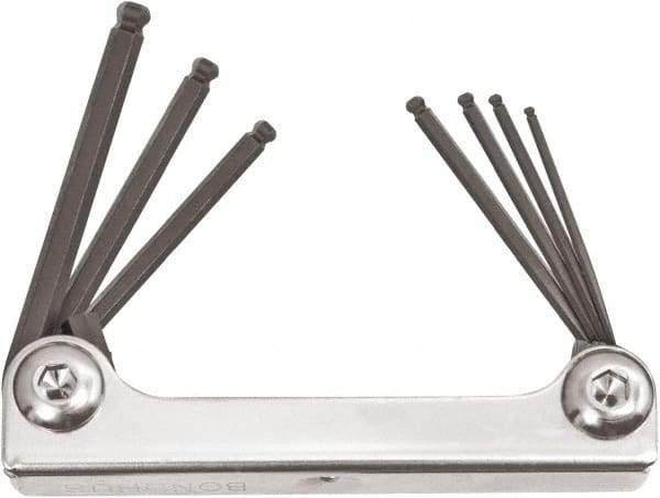 Bondhus - 7 Piece Fold-Up Ball End Hex Key Set - Hex Range 1/16 to 5/32", Protanium High Torque Steel - Americas Industrial Supply