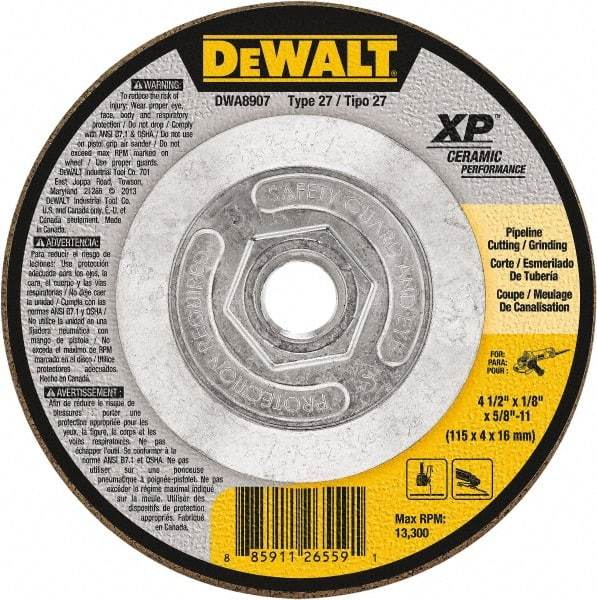 DeWALT - 24 Grit, 4-1/2" Wheel Diam, Type 27 Depressed Center Wheel - Coarse/Medium Grade, Ceramic, N Hardness, 13,300 Max RPM - Americas Industrial Supply