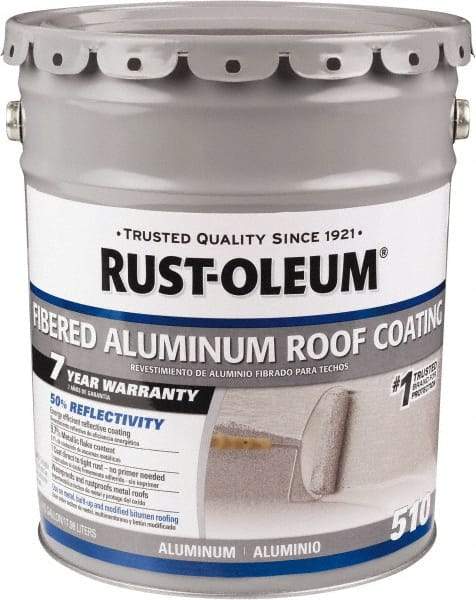 Rust-Oleum - 5 Gal Pail Aluminum Fibered Aluminum Roof Coating - 50 Sq Ft/Gal Coverage, 459 g/L VOC Content, Mildew Resistant, Long Term Durability & Weather Resistance - Americas Industrial Supply