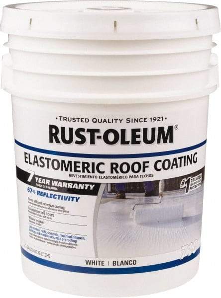 Rust-Oleum - 5 Gal Pail White Elastomeric Roof Coating - 65 Sq Ft/Gal Coverage, Mildew Resistant, Long Term Durability & Weather Resistance - Americas Industrial Supply