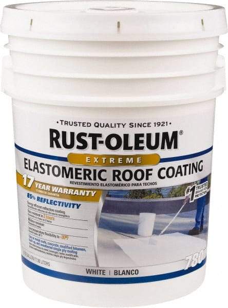 Rust-Oleum - 5 Gal Pail White Elastomeric Roof Coating - 65 Sq Ft/Gal Coverage, Mildew Resistant, Long Term Durability & Weather Resistance - Americas Industrial Supply