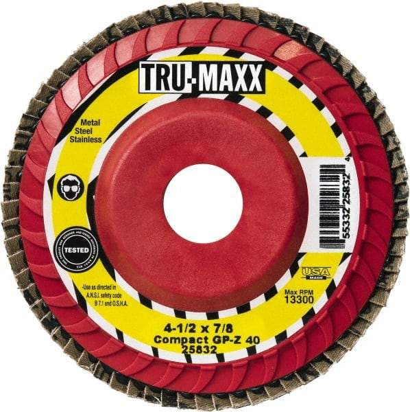 Tru-Maxx - 80 Grit, 4-1/2" Disc Diam, 7/8" Center Hole, Compact Zirconia Alumina Flap Disc - 13,300 Max RPM, Polyester Backing, Arbor Attaching System, Coated - Americas Industrial Supply