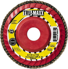 Tru-Maxx - 80 Grit, 4-1/2" Disc Diam, 7/8" Center Hole, Compact Zirconia Alumina Flap Disc - 13,300 Max RPM, Polyester Backing, Arbor Attaching System, Coated - Americas Industrial Supply