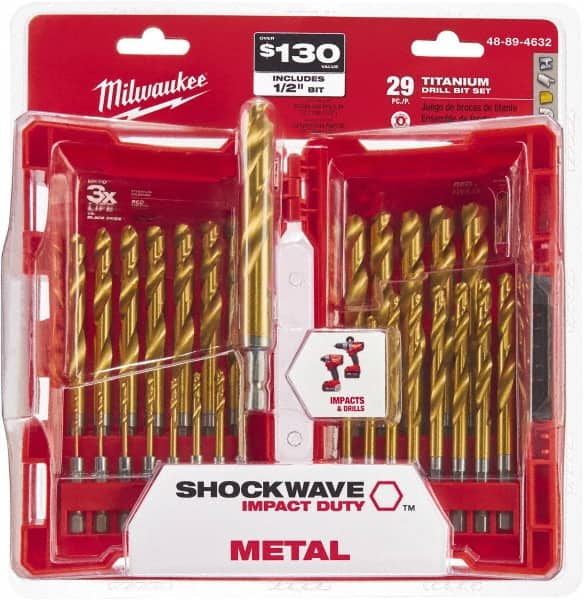 Milwaukee Tool - 1/16 to 1/2", 135° Point, TiN Finish, Steel Hex Shank Drill Bit Set - Americas Industrial Supply