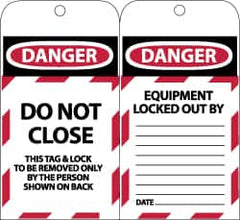 NMC - 3" High x 6" Long, DANGER - DO NOT CLOSE - THIS TAG & LOCK TO BE REMOVED ONLY BY THE PERSON SHOWN ON BACK, English Safety & Facility Lockout Tag - Tag Header: Danger, 2 Sides, Black, Red & White Synthetic Paper - Americas Industrial Supply