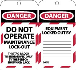 NMC - 3" High x 6" Long, DANGER - DO NOT OPERATE - MAINTENANCE LOCK OUT - THIS TAG & LOCK TO BE REMOVED ONLY BY THE PERSON SHOWN ON BACK, English Safety & Facility Lockout Tag - Tag Header: Danger, 2 Sides, Black, Red & White Synthetic Paper - Americas Industrial Supply