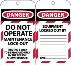 NMC - 3" High x 6" Long, DANGER - DO NOT OPERATE - MAINTENANCE LOCK OUT - THIS TAG & LOCK TO BE REMOVED ONLY BY THE PERSON SHOWN ON BACK, English Safety & Facility Lockout Tag - Tag Header: Danger, 2 Sides, Black, Red & White Synthetic Paper - Americas Industrial Supply