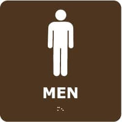 NMC - Men, 8" Wide x 8" High, Plastic Sign - English, Braille, White on Brown, Wall Mount - Americas Industrial Supply