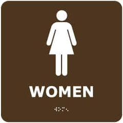 NMC - Women, 8" Wide x 8" High, Plastic Sign - English, Braille, White on Brown, Wall Mount - Americas Industrial Supply