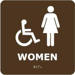 NMC - Women, 8" Wide x 8" High, Plastic Sign - English, Braille, White on Brown, Wall Mount - Americas Industrial Supply