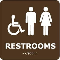 NMC - Restrooms, 8" Wide x 8" High, Plastic Sign - English, Braille, White on Brown, Wall Mount - Americas Industrial Supply