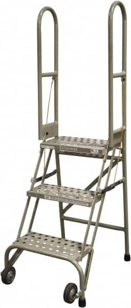 Cotterman - 60" 3 Step Rolling Warehouse Ladder - Portable Folding Safety Ladder, 350 Lb Capacity, 30" Platform Height, 21" Base Width x 28" Base Depth, Perforated Tread - Americas Industrial Supply