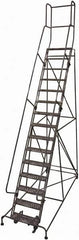 Cotterman - 192" 15 Step Rolling Warehouse Ladder - 50° Incline, 450 Lb Capacity, 150" Platform Height, 44" Base Width x 143" Base Depth, Perforated Tread - Americas Industrial Supply