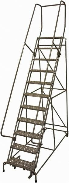 Cotterman - 140" 11 Step Rolling Warehouse Ladder - 50° Incline, 450 Lb Capacity, 110" Platform Height, 34" Base Width x 106" Base Depth, Perforated Tread - Americas Industrial Supply