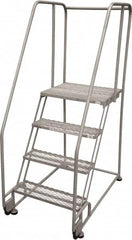 Cotterman - 70" 4 Step Rolling Warehouse Ladder - Tilt & Roll Safety Ladder, 450 Lb Capacity, 40" Platform Height, 28" Base Width x 47" Base Depth, Perforated Tread - Americas Industrial Supply