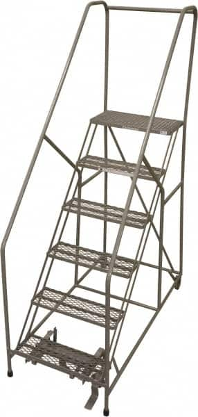 Cotterman - 90" 6 Step Rolling Warehouse Ladder - 50° Incline, 450 Lb Capacity, 60" Platform Height, 30" Base Width x 60" Base Depth, Perforated Tread - Americas Industrial Supply