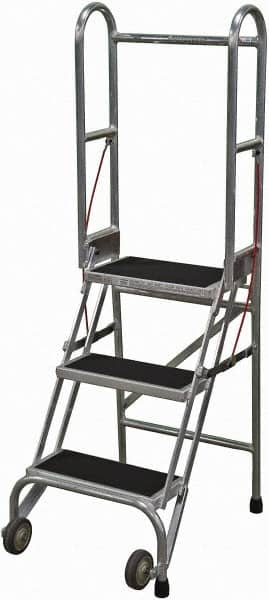 Cotterman - 60" 3 Step Rolling Warehouse Ladder - Portable Folding Safety Ladder, 350 Lb Capacity, 30" Platform Height, 21" Base Width x 28" Base Depth, Rubber Matted - Americas Industrial Supply