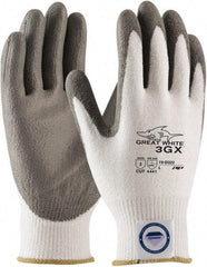 PIP - Size XS (6), ANSI Cut Lvl A3, Puncture Lvl 2, Abrasion Lvl 4, Polyurethane Coated Dyneema Diamond HPPE liner Cut Resistant Gloves - 8.5" Long, Palm & Fingertips Coated, Dyneema Diamond Lining, Knit Wrist, White/Gray, Paired - Americas Industrial Supply