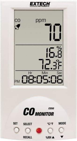 Extech - Audible Alarm, LCD Display, Carbon Monoxide (CO) Meter - Monitors Carbon Monoxide, -10 to 60°C Working Temp, CE Listed - Americas Industrial Supply