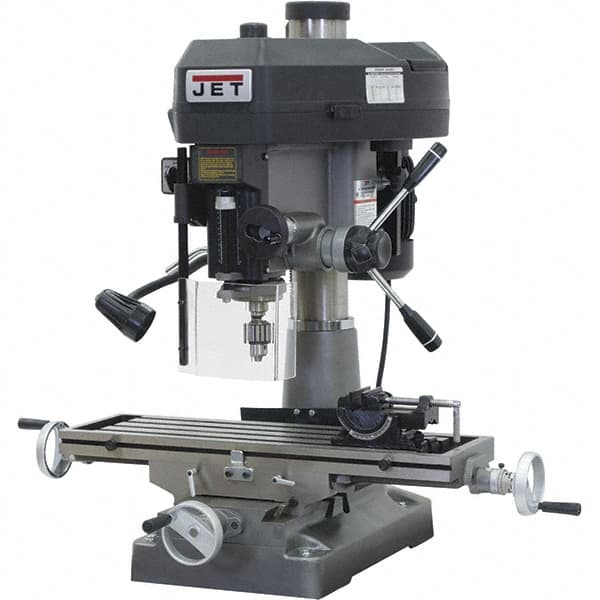 Jet - 1 Phase, 15-7/8" Swing, Variable Speed Pulley Mill Drill Combination - 9-1/2" Table Length x 32-1/4" Table Width, 20-1/2" Longitudinal Travel, 7" Cross Travel, 12 Spindle Speeds, 2 hp, 115/230 Volts - Americas Industrial Supply