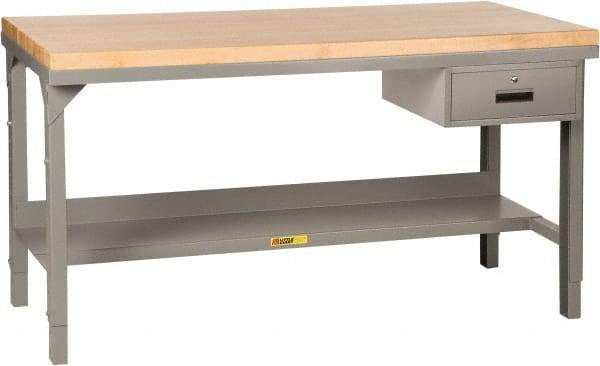 Little Giant - 48 Wide x 30" Deep x 28-3/4" High, Butcher Block Heavy-Duty Workbench with Butcher Block Top - Adjustable Height Legs, Gray - Americas Industrial Supply