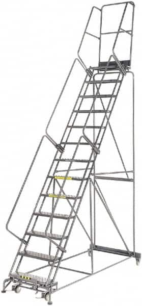 Ballymore - 175" 13 Step Rolling Warehouse Ladder - Lock Step Rolling Safety Ladder, 450 Lb Capacity, 130" Platform Height, 40" Base Width x 94" Base Depth, Perforated Tread - Americas Industrial Supply