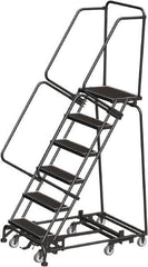 Ballymore - 93" 6 Step Rolling Warehouse Ladder - Lock Step Rolling Safety Ladder, 450 Lb Capacity, 60" Platform Height, 32" Base Width x 49" Base Depth, Perforated Tread - Americas Industrial Supply