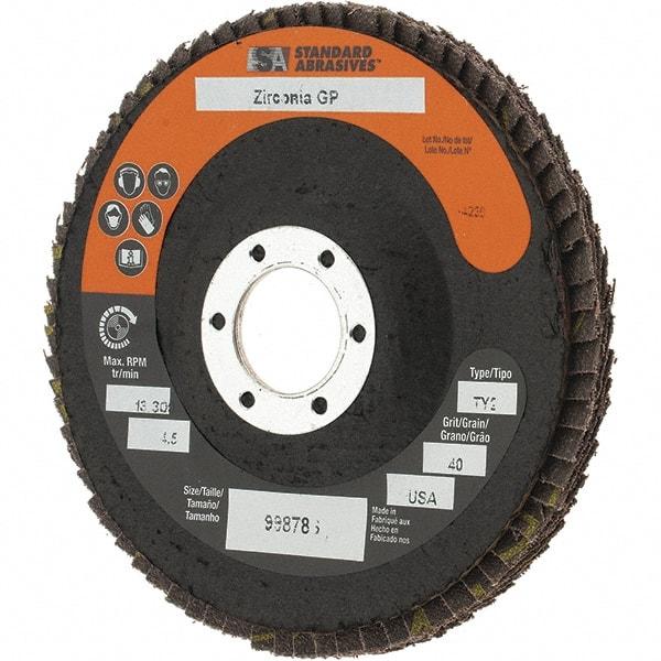 Camel Grinding Wheels - 40 Grit, 4-1/2" Disc Diam, 7/8" Center Hole, Type 29 Zirconia Alumina Flap Disc - Arbor Attaching System, Coated - Americas Industrial Supply