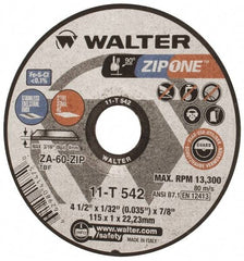 WALTER Surface Technologies - 4-1/2" Aluminum Oxide/Silicon Carbide Blend Cutoff Wheel - 1/32" Thick, 7/8" Arbor, 13,300 Max RPM, Use with Angle Grinders - Americas Industrial Supply