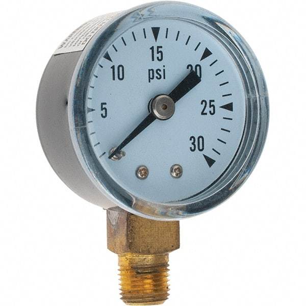 Value Collection - 1-1/2" Dial, 1/8 Thread, 0-30 Scale Range, Pressure Gauge - Lower Connection Mount - Americas Industrial Supply