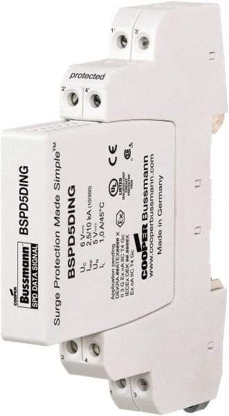 Cooper Bussmann - 4 Pole, 1 Phase, 90mm Long x 12mm Wide x 71.99mm Deep, Hardwired Surge Protector - DIN Rail Mount, 24 V, 23.30 VAC, 33 VDC Operating Voltage, 20 kA Surge Protection - Americas Industrial Supply