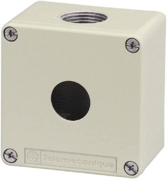 Schneider Electric - 1 Hole, 1.58 Inch Hole Diameter, Zinc Alloy Pushbutton Switch Enclosure - 3.15 Inch High x 3.15 Inch Wide x 2.03 Inch Deep, 4, 13 NEMA Rated - Americas Industrial Supply