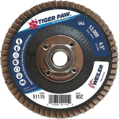 Weiler - 80 Grit, 4-1/2" Disc Diam, 5/8-11 Center Hole, Type 27 Zirconia Alumina Flap Disc - 13,000 Max RPM, Phenolic Backing, Arbor Attaching System, Coated - Americas Industrial Supply