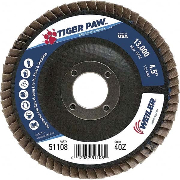 Weiler - 40 Grit, 4-1/2" Disc Diam, 7/8" Center Hole, Type 27 Zirconia Alumina Flap Disc - 13,000 Max RPM, Phenolic Backing, Arbor Attaching System, Coated - Americas Industrial Supply